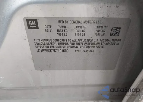 2012 Chevrolet Cruze Lt from USA, damaged, VIN 1G1PE5SC7C7101609